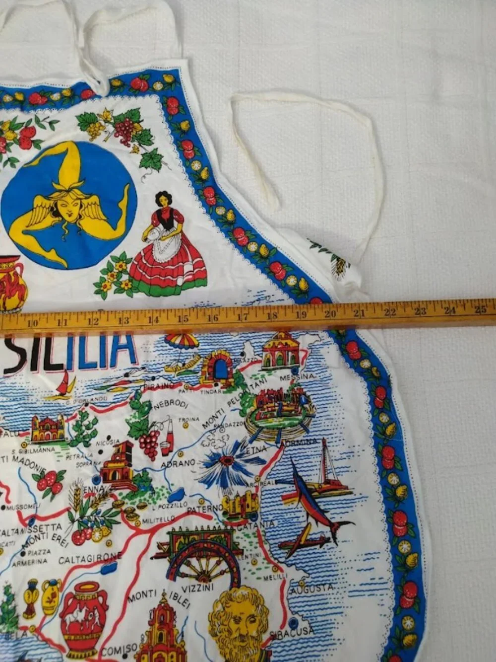 Vintage Kitchen Souvenir Apron Sicily Italian Map Folk Art Colorful Cotton